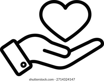 Un simple dibujo de línea negra de una mano con un manguito y un Botón sosteniendo un corazón sobre ella, sobre un fondo blanco