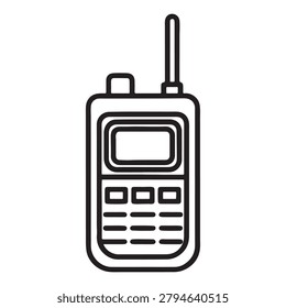 Simple black line drawing of a handheld twoway radio with antenna and keypad on white background communication device