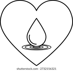 Un simple dibujo de una línea negra en forma de corazón con una gota de agua dentro, creando ondas en su base, simbolizando el amor, el cuidado o la profundidad emocional.