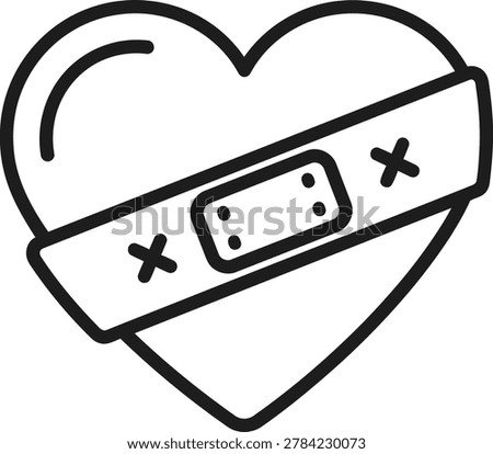 A simple black line drawing of a heart with a band aid across it
