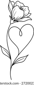 Dibujo de línea negra simple de un tallo en forma de corazón con una flor y hojas sobre un fondo blanco.