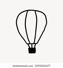 Simple black line drawing of a hot air balloon on a white background. The hot air balloon has a classic shape with a small basket. Minimalist hot air balloon art. Doodle illustration vector.