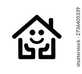A simple black line drawing of a house with a smiley face and arms welcoming you, on a pure white background