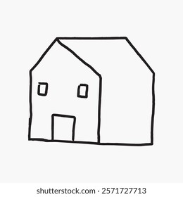 Simple black line drawing of a house with a triangular roof. Minimalist house sketch with basic shapes. Outline of a house in black ink. Simple black line art doodle vector.