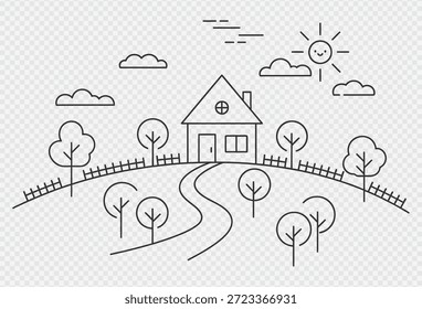 Un simple dibujo de línea negra de una casa en el campo, rodeada por una valla, árboles y un camino sinuoso, bajo un cielo soleado con nubes.