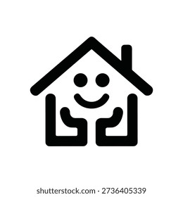 A simple black line drawing of a house with a smiley face and arms welcoming you, on a pure white background