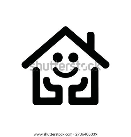 A simple black line drawing of a house with a smiley face and arms welcoming you, on a pure white background
