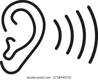 Desenho simples de linha preta de um ouvido humano irradiando ondas sonoras, estilo de contorno mínimo limpo representando a audição, áudio, audição, comunicação e conceito de percepção de som.