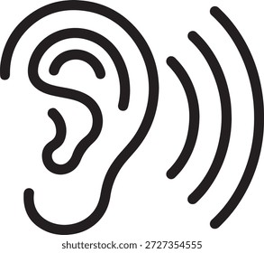 Un simple dibujo de línea negra de un oído humano con ondas de sonido que emanan de él, representado en un estilo minimalista sobre un fondo blanco puro.