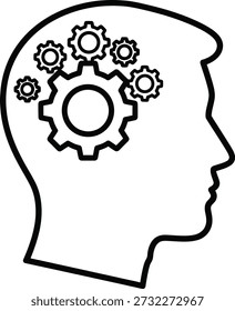 Um simples desenho de linha preta de uma cabeça humana em perfil com rodas dentadas no interior, representando o aspecto mecânico do pensamento e dos processos de resolução de problemas.