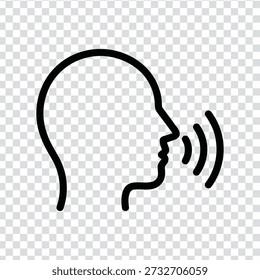 Um simples desenho de linha preta de uma cabeça humana em perfil com ondas sonoras emanando da boca, contra um fundo transparente com um padrão de xadrez cinza e branco