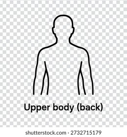 Un simple dibujo de línea negra de una parte superior del cuerpo humano desde la parte posterior sobre un fondo a cuadros transparente
