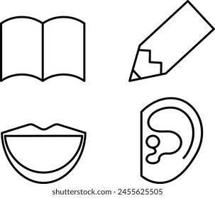 Simple black line drawing icons representing the four basic skills necessary for language acquisition