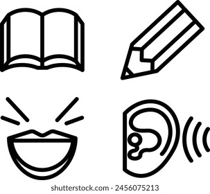 Simple black line drawing icons representing the four basic skills necessary for language acquisition