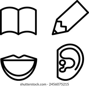 Simple black line drawing icons representing the four basic skills necessary for language acquisition