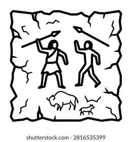 Simple black line drawing illustrating prehistoric life. Features stick figure hunters wielding spears and animals like bison. Ideal for history, education, and archaeology themes.
