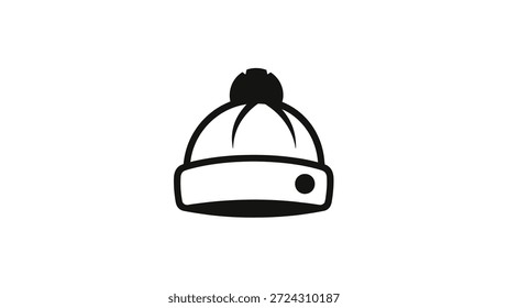 Simples desenho de linha preta de um chapéu de gorro de inverno de malha com uma pompom, isolado em um fundo branco. Design gráfico limpo para roupas de inverno ou conceitos de tempo frio.