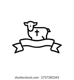 A simple black line drawing of a lamb with a cross on its side standing on a banner, isolated on a white background.
