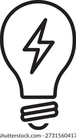 Dibujo de línea negra simple de una bombilla con un rayo en el interior, que simboliza la innovación y la energía.