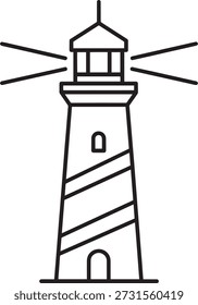 Dibujo de línea negra simple de un faro con rayas diagonales que emiten rayos de luz.