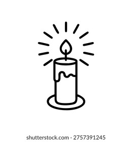 A simple black line drawing of a lit candle with rays emanating from the flame, on a white background.