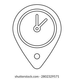 A simple black line drawing of a location pin icon with an integrated clock face on a white background