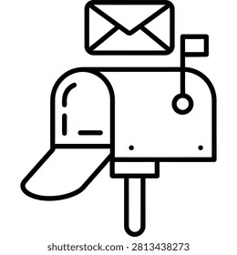 A simple black line drawing of a mailbox with the flag raised and an envelope emerging from the slot, on a white background, in a minimalist style.