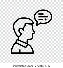 A simple black line drawing of a man's head and shoulders with a speech bubble containing a menu icon, set against a transparent background.