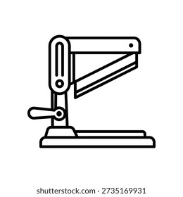 Simple black line drawing of a manual paper cutter or guillotine on a white background