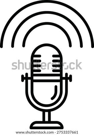 A simple black line drawing of a microphone with sound waves emanating from it on a white background.