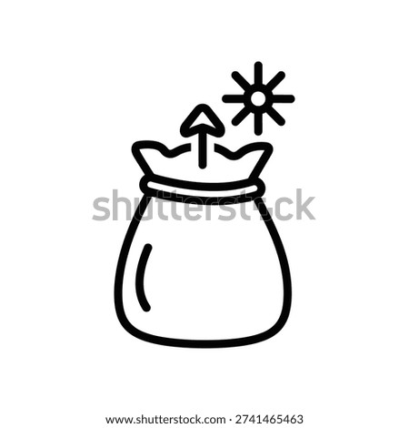 Simple black line drawing of a money bag with an upward arrow and star, symbolizing financial success and prosperity.
