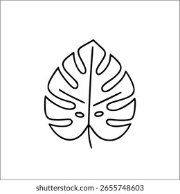 Desenho simples de linha preta de uma folha de monstera em um fundo branco.