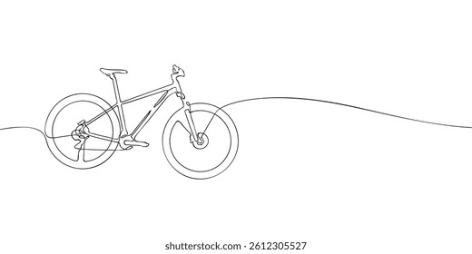 Simple black line drawing of a mountain bicycle in minimalist style, perfect for cycling, outdoor, sport, and adventure themes.
