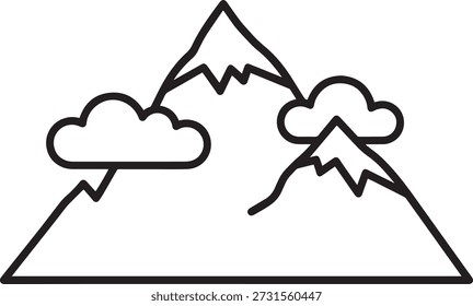 Simple black line drawing of a mountain range with clouds on a white background.