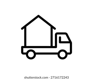 Un simple dibujo de línea negra de un camión en movimiento que transporta una casa