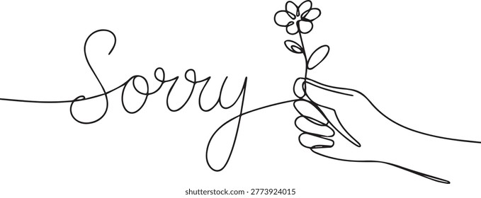 A simple black line drawing on a white background featuring a hand holding a small flower with three leaves and a four-petaled flower, accompanied by the cursive word 'Sorry' flowing from the stem of 
