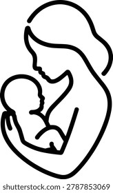 A simple black line drawing on a white background depicting a mother cradling her baby in her arms, showcasing a tender moment between parent and child.