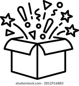 A simple black line drawing of an open box with stars, exclamation marks, and other shapes bursting out of it on a pure white background, creating a celebratory and exciting visual effect.