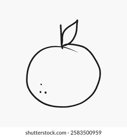 Simple black line drawing of an orange with a leaf on a white background. Minimalist orange sketch with clean lines. Orange illustration with a leaf. Line art illustration vector.