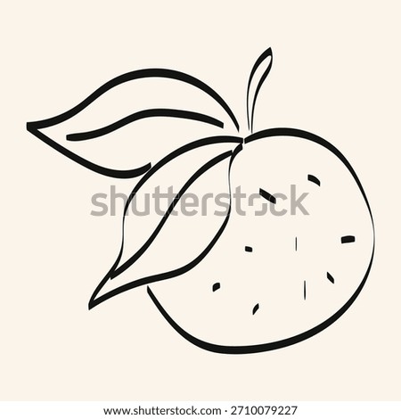 Simple black line drawing of an orange with leaves on a light background, suitable for minimalist art and design projects