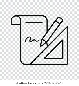A simple black line drawing of a pencil and ruler on a notepad with scribbles, set against a transparent background with a grey and white checkerboard pattern