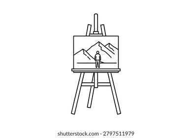 A simple black line drawing of a person standing in front of a mountain range on a canvas, displayed on an easel with a minimalist style and white background