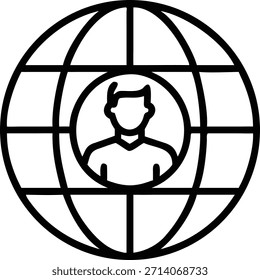 Eine einfache, schwarze Linie, die die Silhouette einer Person innerhalb eines Kreises zeigt und sich gegen einen stilisierten Globus mit Längen- und Breitengradlinien richtet, der einen globalen Benutzer oder ein internationales Profil darstellt.