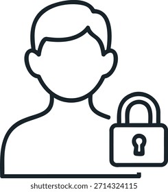 Eine einfache schwarze Linie, die Kopf und Schultern einer Person mit kurzen Haaren neben einem Vorhängeschloss auf weißem Hintergrund zeigt und Sicherheit oder Privatsphäre symbolisiert