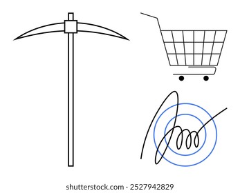 Simple black line drawing of a pickaxe shopping cart and abstract spiral pattern on white background Ideal for themes of mining agriculture shopping abstract art and graphic design. Contemporary