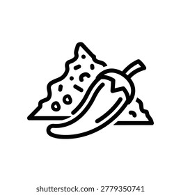 Simple black line drawing of a pizza slice topped with pepperoni and a jalapeno pepper on a white background.