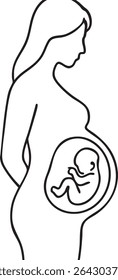 Um simples desenho em linha preta de uma mulher grávida com um feto visível dentro de seu útero, simbolizando a gravidez.