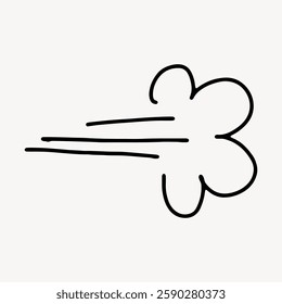 Simple black line drawing of a puff of air or wind. The illustration shows a cartoon-style gust of wind, emphasizing movement and flow. Minimalist wind design. Doodle illustration vector.