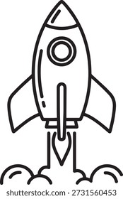 Dibujo de línea negra simple de una nave cohete lanzándose al espacio con llamas.