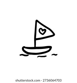 A simple black line drawing of a sailboat with a heart on its triangular sail.